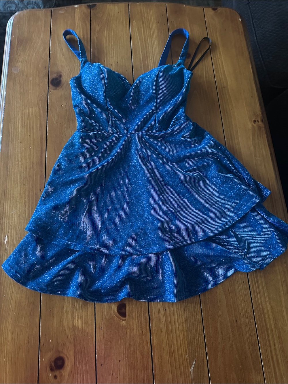 B. Smart Blue Shimmery Mini Dress with Ruffled Hem